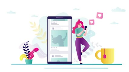 Female character scrolls tape on social networks. 4k footage. Different posts in social media on cell phone screen.