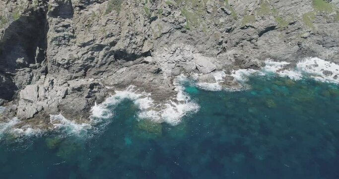 France, Porquerolles Island, Iles d'Hyeres drone aerial view of rocks