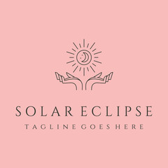 solar eclipse with hand line art logo vector symbol illustration design