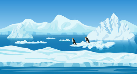 Cartoon ice arctic nature winter landscape with iceberg, snow mountains hills and penguins vector illustration © lembergvector