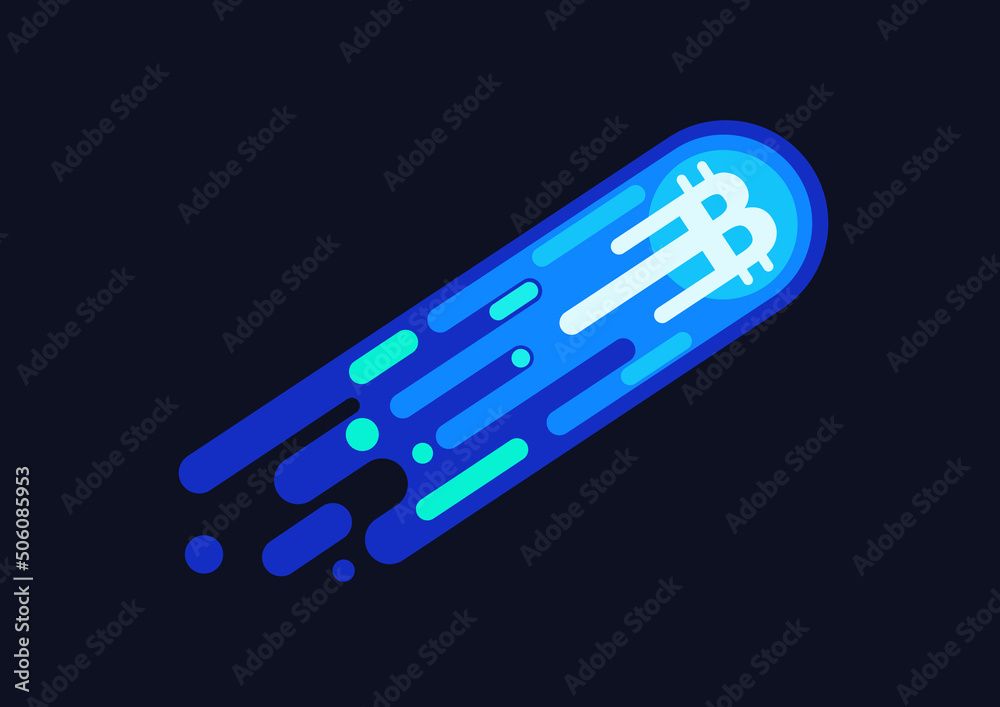 Poster Bitcoin azure blue neon comet symbol flying in open space cartoon vector illustration.
