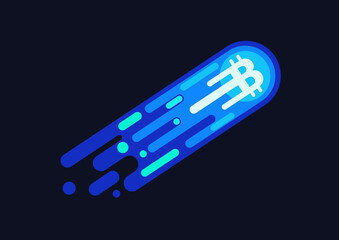 Bitcoin azure blue neon comet symbol flying in open space cartoon vector illustration.
