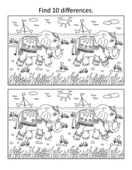 Find the differences picture puzzle and coloring page with two elephants walking along the seashore
