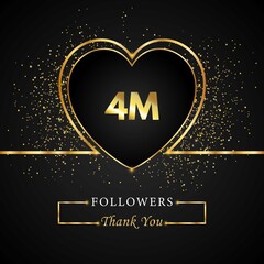 Fototapeta na wymiar Thank you 4M or 4 Million followers with heart and gold glitter isolated on black background. Greeting card template for social networks friends, and followers. Thank you followers, achievement.