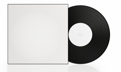 vinyl record black blank white cover on a white background There is a reflection on the ground. A device for playing music in ancient times. 3D rendering