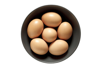 Eggs whole chicken in grey bowl, isolated on white background with clipping path, element of packaging design. Full depth of field.