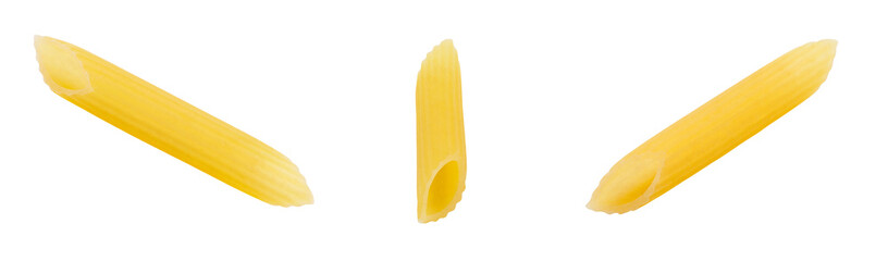 Penne Rigate raw pasta, three pieces isolated on white background, element of packaging design. Full depth of field.