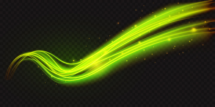 Luminous neon shape wave, abstract light effect vector illustration. Wavy glowing fire green bright flowing curve lines, magic glow energy motion particle isolated transparent black background.