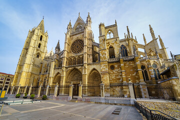 Side facade of the immense cathedral of the city of Leon in Spain.