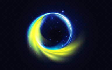 Yellow blue flare circle, glowing light effect vector illustration. Glow energy shape, abstract magic luminous swirls, fantasy round portal and glitter particle sparkles dark transparent background