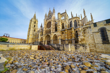Leon Cathedral and cobblestone floor of medieval style, Spain.
