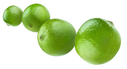 Flying lime fruits, isolated on white background