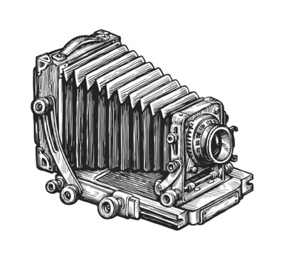 Old photo camera sketch. Photography concept, hand drawn in vintage engraving style. Vector illustration