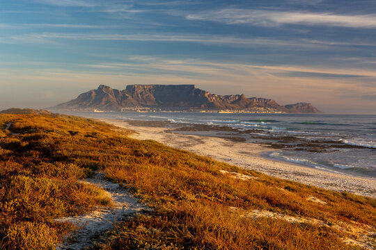 scenic view of landmark table mountain from Blouberg in tourist travel destination cape town south africa