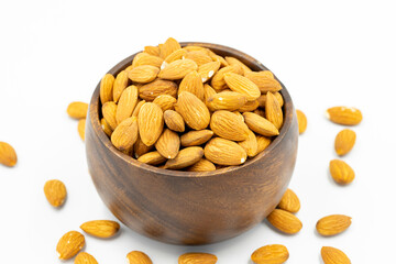 Almond nuts isolated on a white background. Organic nuts. close up