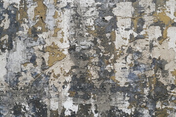old wall textured and damaged with shades of gray, white and gold color, the work of time on the texture of an old wall, textured wall background