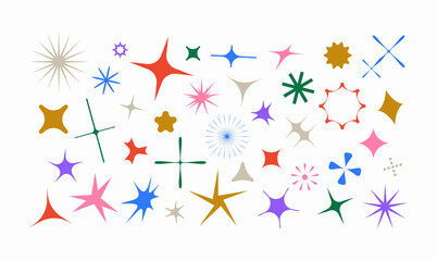 Set of vector objects. Deformed acid shapes of the sun and stars, sunbeams, glare and flares in a modern brutalist style. Subject to the effects of stretching, inflating and perspective. © crocolot