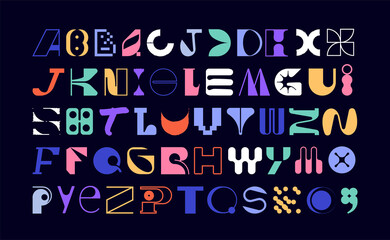Large set of random letter shapes. English alphabet from geometric capital letters of eclectic shapes. Brutalism modern font type. Condensed and Bold font from geometric objects. 