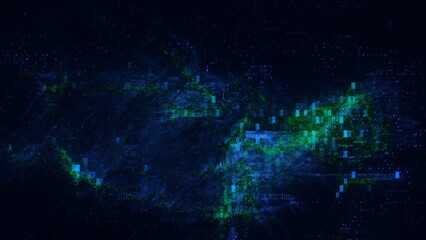 Blue and green abstract digital code. Concept 3D illustration background as crypto currency, NFT, video gaming overlay with network cyber security hex code for landing page and banner showcase