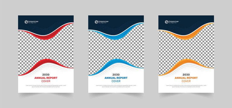  Wave business annual report book cover design vector template