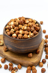 Hazelnut nuts isolated on white background. Organic nuts. close up