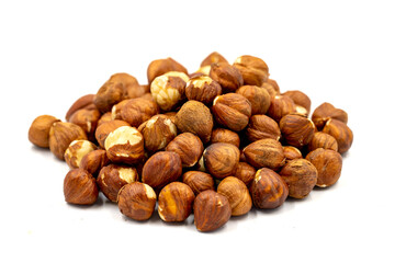 Hazelnut nuts isolated on white background. Organic nuts. close up