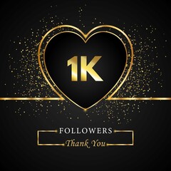 Fototapeta na wymiar Thank you 1K or 1 thousand followers with heart and gold glitter isolated on black background. Greeting card template for social networks friends, and followers. Thank you, followers, achievement.
