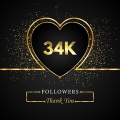 Fototapeta na wymiar Thank you 34K or 34 thousand followers with heart and gold glitter isolated on black background. Greeting card template for social networks friends, and followers. Thank you, followers, achievement.