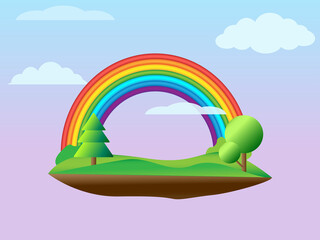 Landscape with rainbow cloud and green summer nature, rainbow in the blue sky. Illustration of a tree with grass in a field on a hill. Art and environment decoration design. Vector