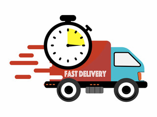 Truck and vehicle for delivery and fast service. Transport for fast delivery and van for business transport. Illustration of a courier and deliver a package. Vector