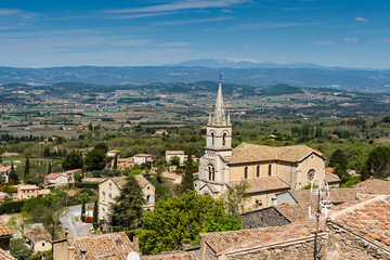 
Luberon landscape view with cathedral of Bonnieux and the Mont Ventoux on the background,...