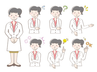 白衣姿の女性の表情　ポーズ　セット
