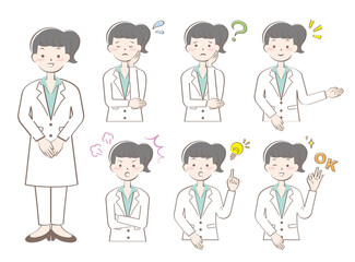 白衣姿の女性の表情　ポーズ　セット　パンツスタイル
