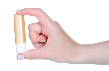 Hygienic lipstick stick in hand on white background isolation