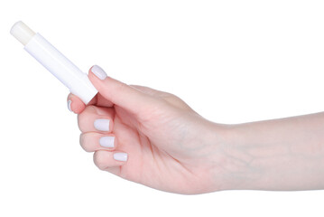 Hygienic lipstick stick in hand on white background isolation
