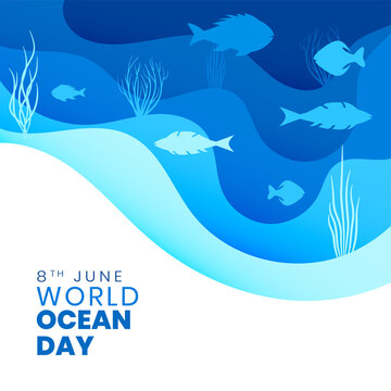 Paper Style World Ocean Day Background With Fishes And Corel