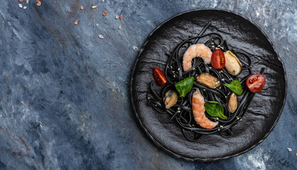 plate of black spaghetti with prawn prawn and mussels seafood. on dark background. Black spaghetti....