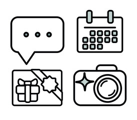 A selection of simple icons dialog, comment, camera, calendar, gift certificate. Black outline. Vector illustration.