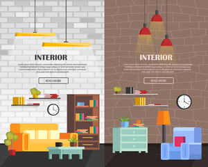 Set of the colorful living room interior. Icons cozy and homely living room: Wardrobe, sofa, chair, table, window overlooking the city. In modern orthogonal design. Vector illustration.
