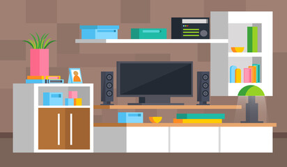 A set of furniture for the interior of the living room: a section, TV, wardrobe, video-game consoles, lamps, books, shelves, CD player, tape recorder. In modern orthogonal design. Vector illustration.