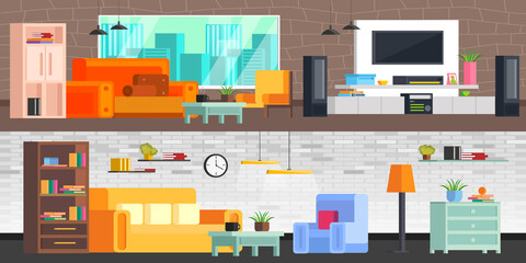 Set of colorful living room interior. Icons cozy and homely living room: Wardrobe, sofa, chair, table, window overlooking the city. In modern orthogonal design. Vector illustration.