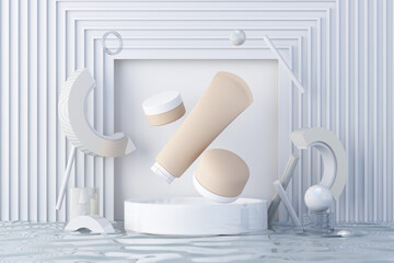 cosmetic product mockups on geometric podiums. Background and geometric shape on the water for presentation of cosmetic realistic 3d rendering
