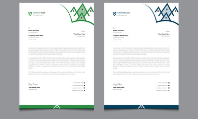 New elegant clean creative corporate minimalist business green and blue color modern real estate letterhead template design for your construction company.