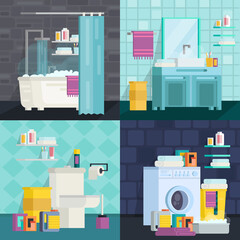 A set of bathroom interiors. Icons of bathroom items: bathroom, toilet, washing machine, sink, shower, mirror, towels, powders. In modern orthogonal design. Vector illustration.