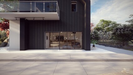 entrance elevation luxury black house 3d illustration