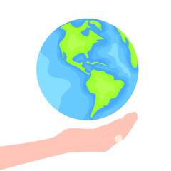 World environment and earth day concept. Cartoon flat style illustration. Hands holding globe, earth.

