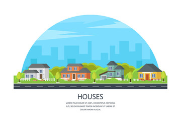 Set of colorful houses. Street with modern buildings. Private houses with their own garden. Modern city architecture concept. Different modern design structures vector illustration.