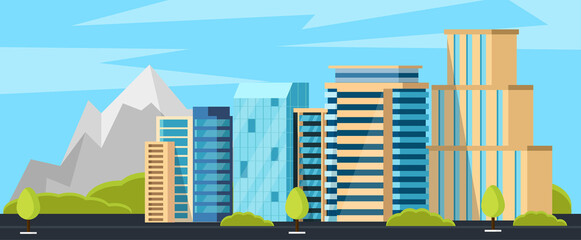 A modern city with skyscrapers. Urban buildings near the road, street landscape. Vector illustration