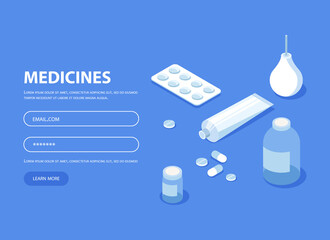Landing page for doctor and pharmacy. Isometric set of characters of doctors and medicines. Landing page for your business. Vector illustration