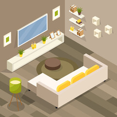 Isometric living room 3d isolated vector interior concept with furniture set. A modern lofter in modern colors. Vector illustration.